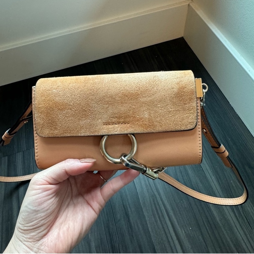 Suede Calfskin Small Faye Shoulder Bag (peach color)
